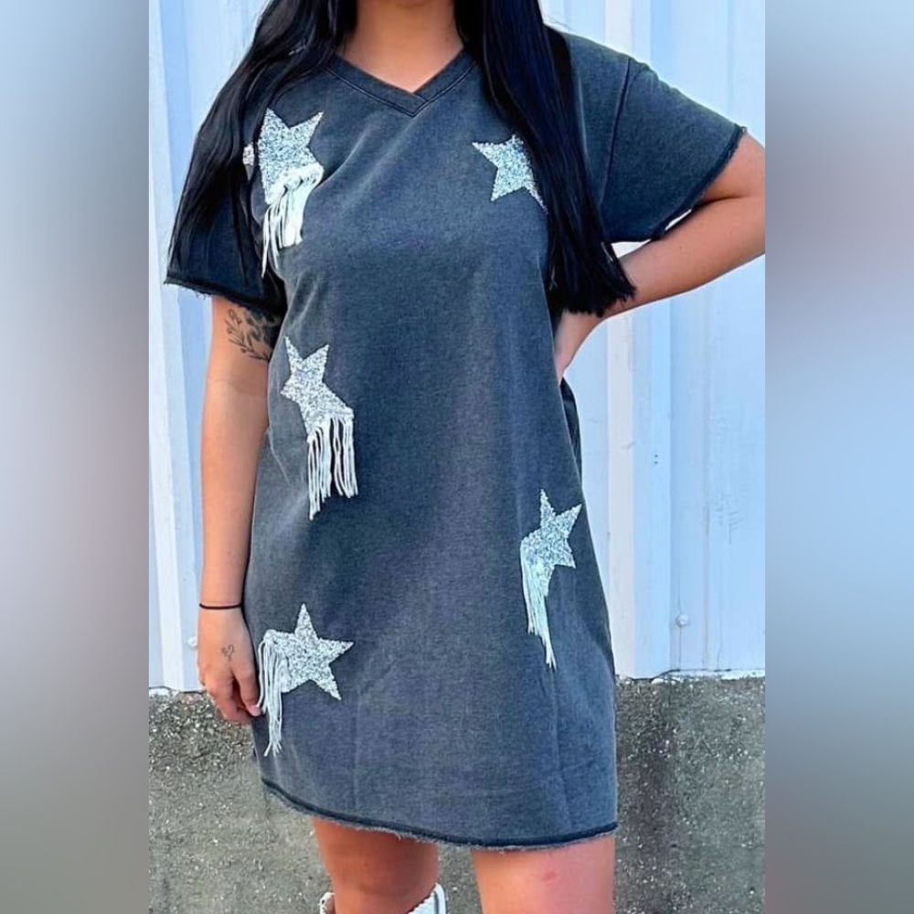 Boutique tee shirt dress Size L gray beaded sparkly gray Boho western glam